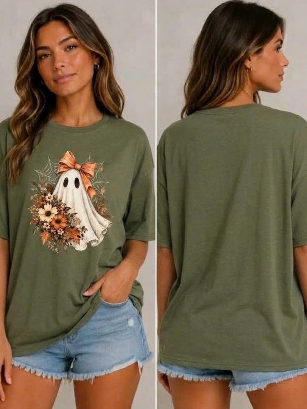 Cute Halloween Floral Ghost Bow Fall Olive Green Graphic Tee
